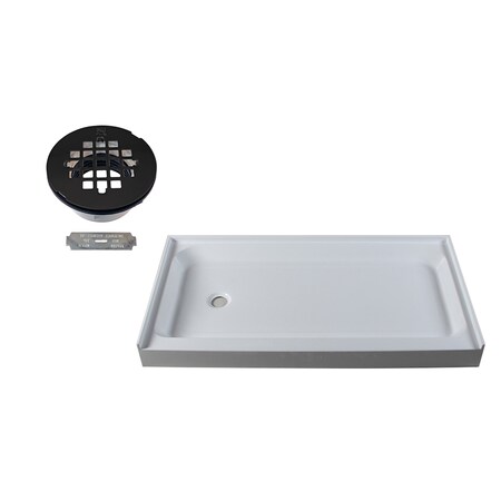 Westbrass Shower Pan 60 x 34 3-Wall W/ Left Hand Plastic  Drain W/ Modern Cross Grid in Matte Black HPG6034LWHP-62